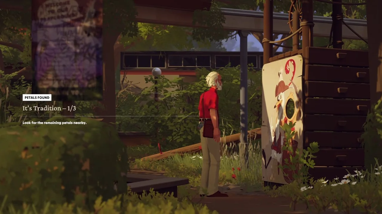 A petal interaction beside a wooden building in the abandoned resort
