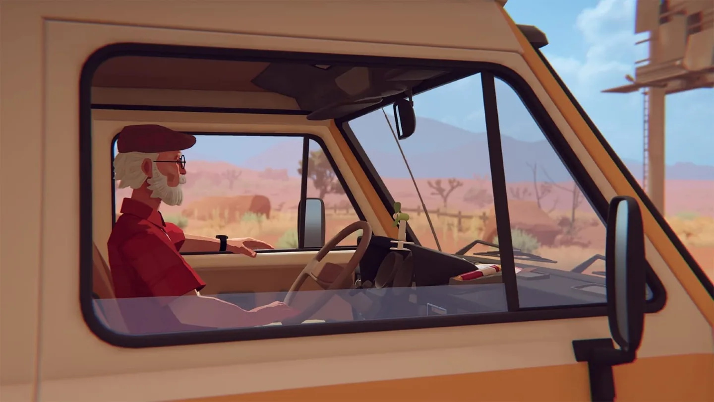 Alfred driving his camper van past a roadside view