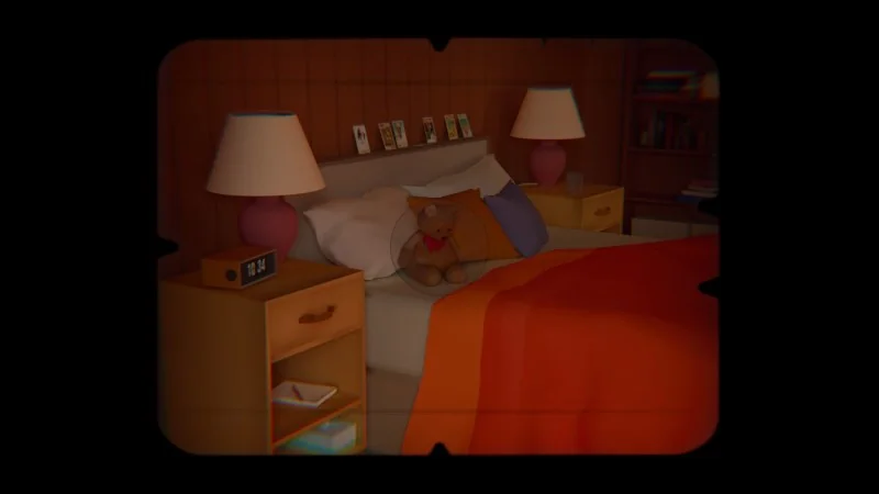 Teddy bear on the bed seen through the opening camera view