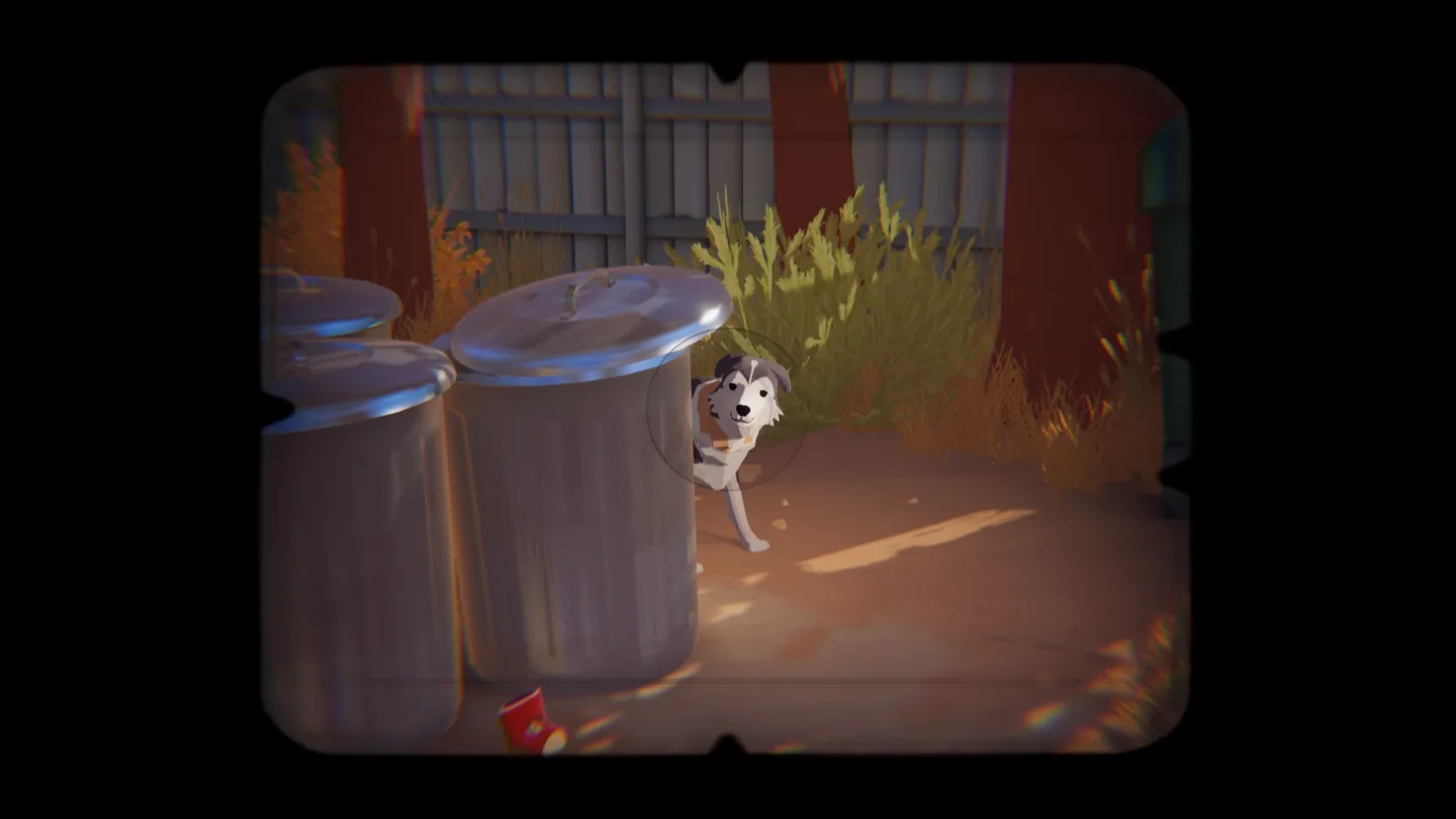 The dog framed in the camera beside the diner’s rubbish bins