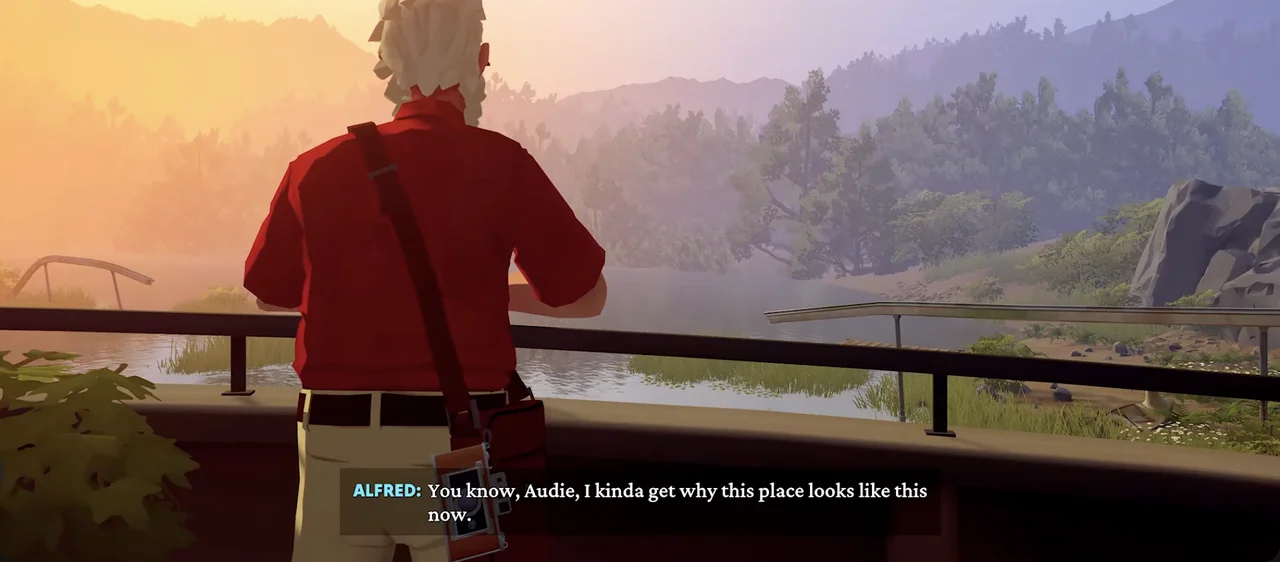 Alfred leaning at the resort lake-facing railing during the rest interaction