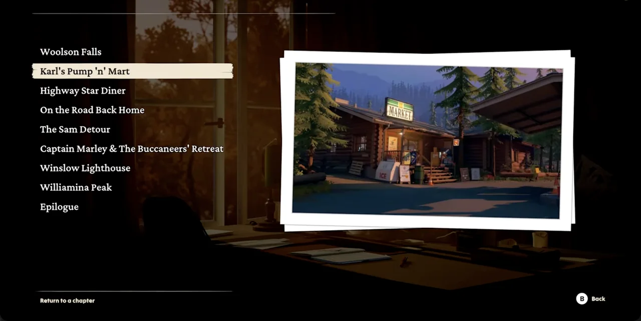 Chapter select menu with Karl's Pump 'n' Mart highlighted