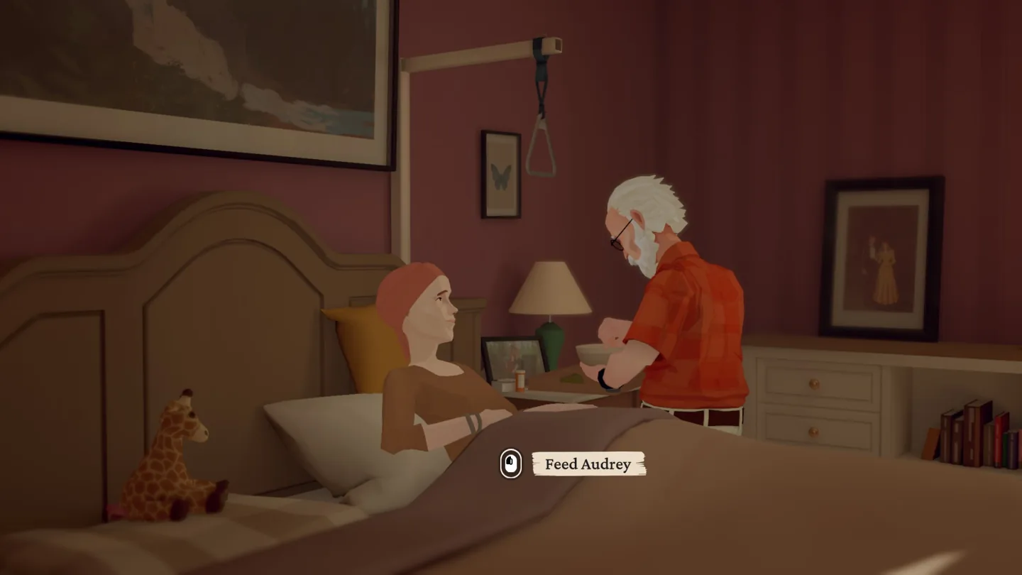 Alfred holding a bowl beside Audrey with the Feed Audrey prompt