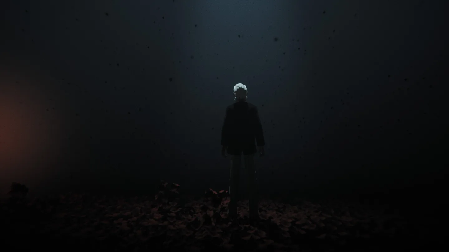 Alfred walking into a dark dream passage