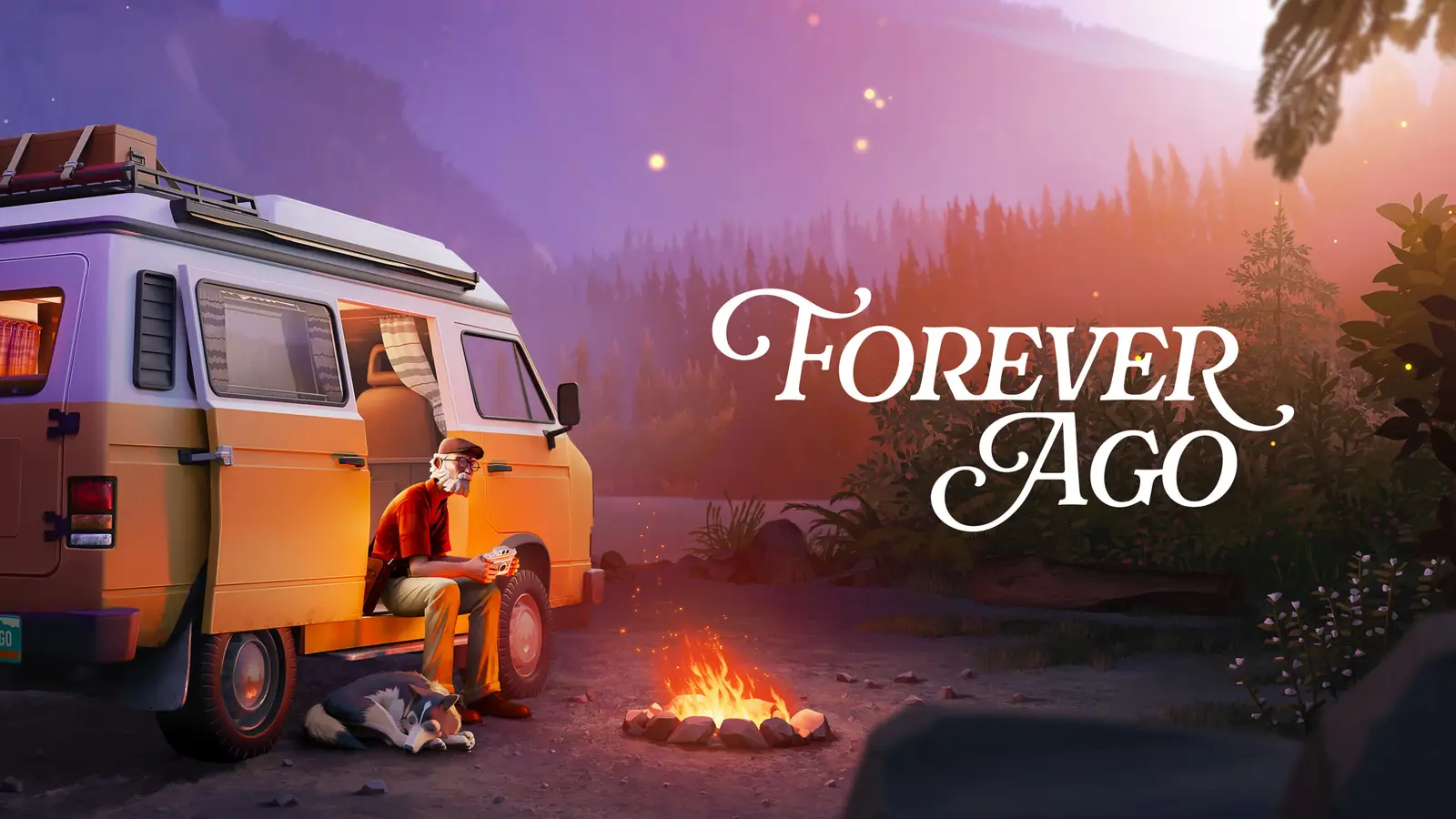 Forever Ago promotional art showing Alfred, his dog and a campfire